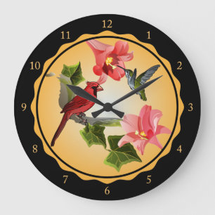 Kardinal und Hummingbird mit Pink Lilies und Ivy Große Wanduhr