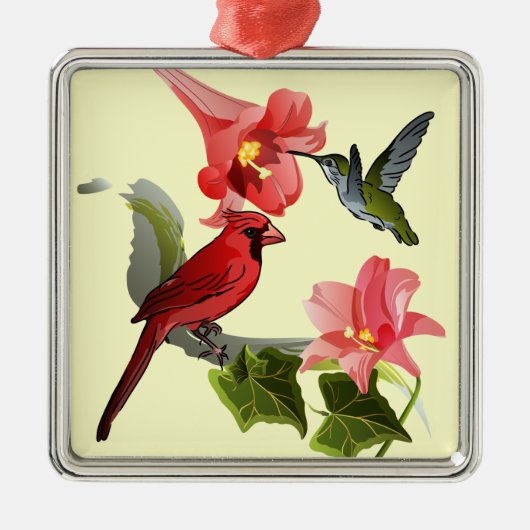 Kardinal und Hummingbird mit rosafarbenen Lilien u Ornament Aus Metall (Vorne)