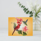 Kardinal und Hummingbird mit rosafarbenen Lilien u Postkarte (Stehend Vorderseite)