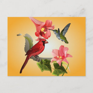 Kardinal und Hummingbird mit rosafarbenen Lilien u Postkarte