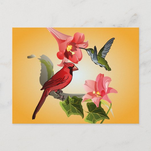 Kardinal und Hummingbird mit rosafarbenen Lilien u Postkarte (Vorderseite)