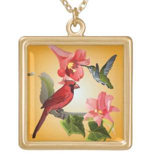 Kardinal und Hummingbird mit rosafarbenen Lilien u Vergoldete Kette