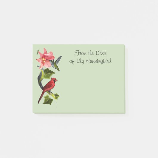 Kardinal und Hummingbird mit rosafarbener Lilie un Post-it Klebezettel (Vorderseite)