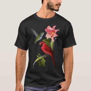 Kardinal und Hummingvogel mit rosafarbener Lilie u T-Shirt