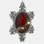 Kardinal und Pinecones Schneeflocken Zinn-Ornament (Links)