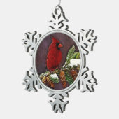 Kardinal und Pinecones Schneeflocken Zinn-Ornament (Rechts)