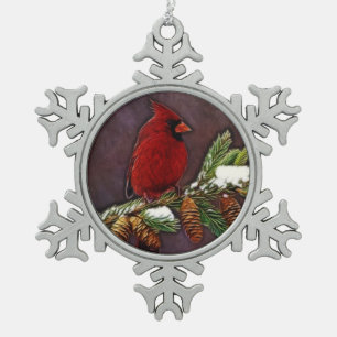 Kardinal und Pinecones Schneeflocken Zinn-Ornament