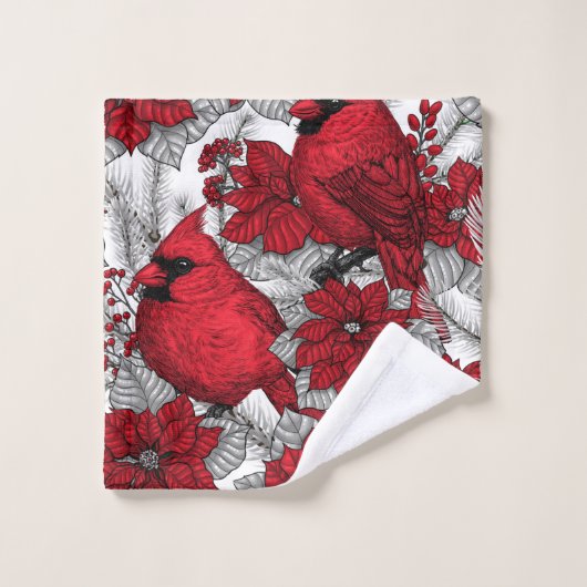 Kardinal und Poinsettia in Rot und Weiß Badhandtuch Set (Waschlappen)