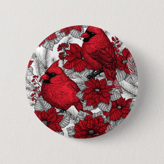 Kardinal und Poinsettia in Rot und Weiß Button (Vorderseite)