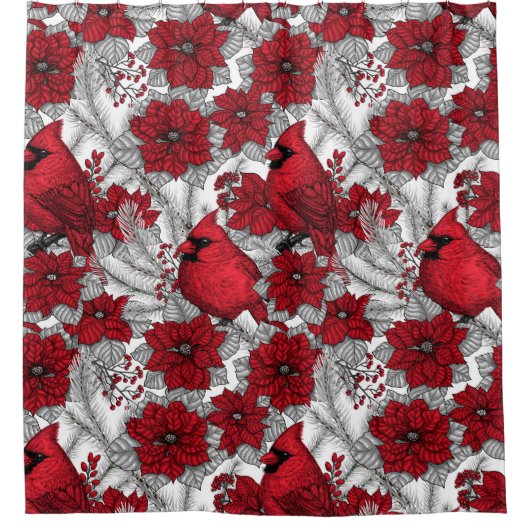 Kardinal und Poinsettia in Rot und Weiß Duschvorhang (Vorderseite)