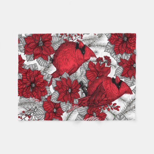 Kardinal und Poinsettia in Rot und Weiß Fleecedecke (Vorderseite (Horizontal))