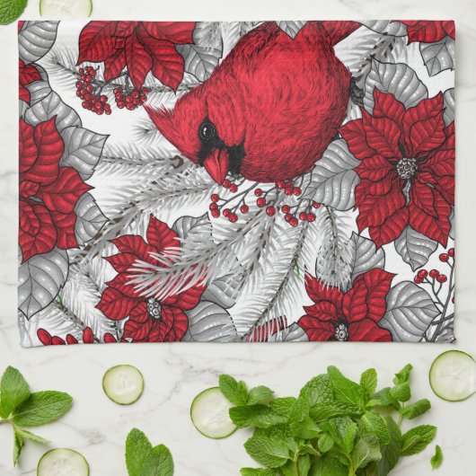 Kardinal und Poinsettia in Rot und Weiß Geschirrtuch (Gefaltet)