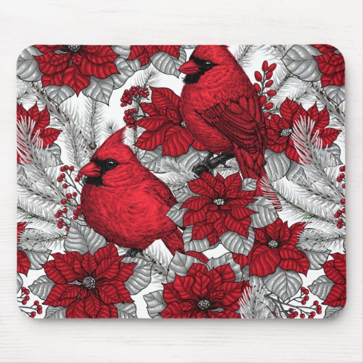 Kardinal und Poinsettia in Rot und Weiß Mousepad (Vorne)