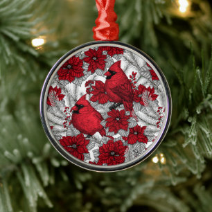 Kardinal und Poinsettia in Rot und Weiß Ornament Aus Metall