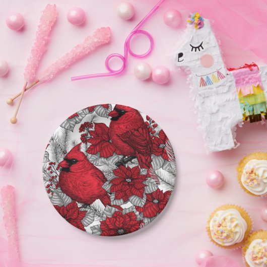 Kardinal und Poinsettia in Rot und Weiß Pappteller (Party)