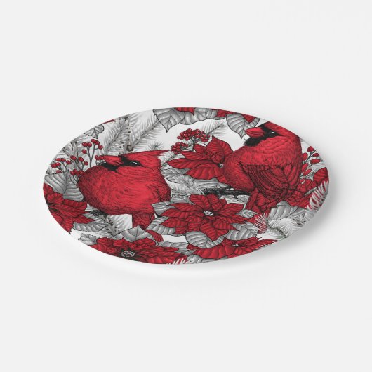 Kardinal und Poinsettia in Rot und Weiß Pappteller (Schrägansicht)