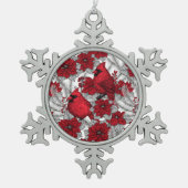 Kardinal und Poinsettia in Rot und Weiß Schneeflocken Zinn-Ornament (Vorderseite)