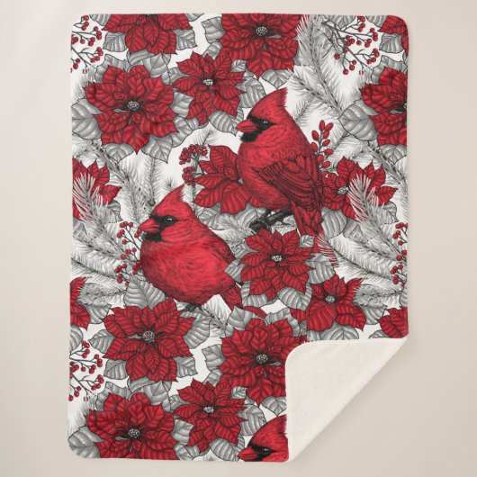 Kardinal und Poinsettia in Rot und Weiß Sherpadecke (Vorderseite)