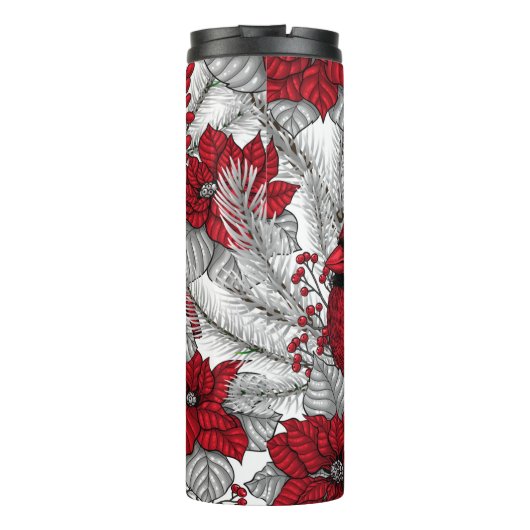 Kardinal und Poinsettia in Rot und Weiß Thermosbecher (Rückseite)