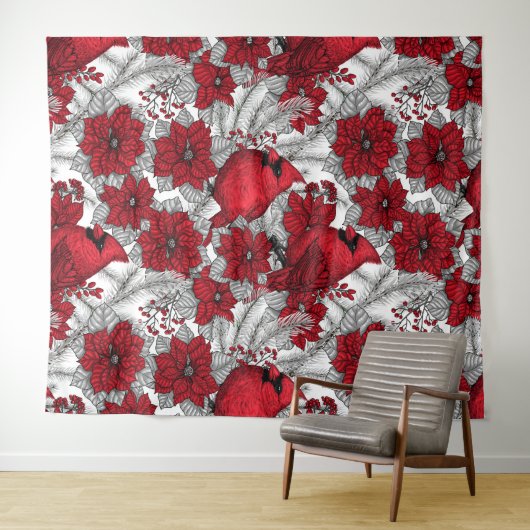 Kardinal und Poinsettia in Rot und Weiß Wandteppich (Beispiel (Horizontal))