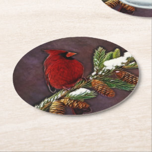 Kardinal und Snowy Pinecones Runder Pappuntersetzer
