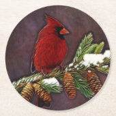 Kardinal und Snowy Pinecones Runder Pappuntersetzer (Vorderseite)