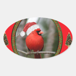 Kardinal und Weihnachtsbäume im Roten Hintergrund Ovaler Aufkleber