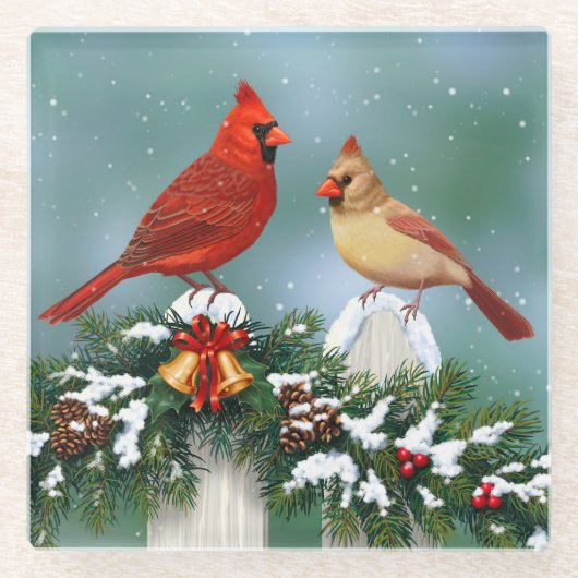 Kardinal und Weihnachtsgarten Glasuntersetzer (Vorderseite)