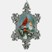 Kardinal und Weihnachtsgarten Schneeflocken Zinn-Ornament (Links)