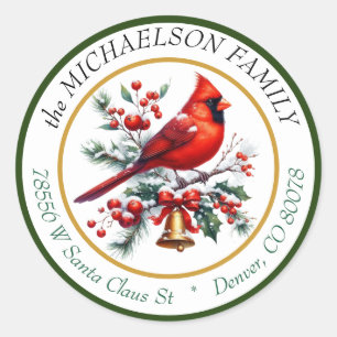 Kardinal und Weihnachtsglocken-Rund-Rücksendeadres Runder Aufkleber