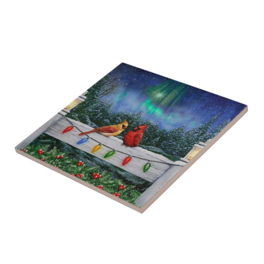 Kardinal und Weihnachtslicht Winterschnee Fliese (Seite)