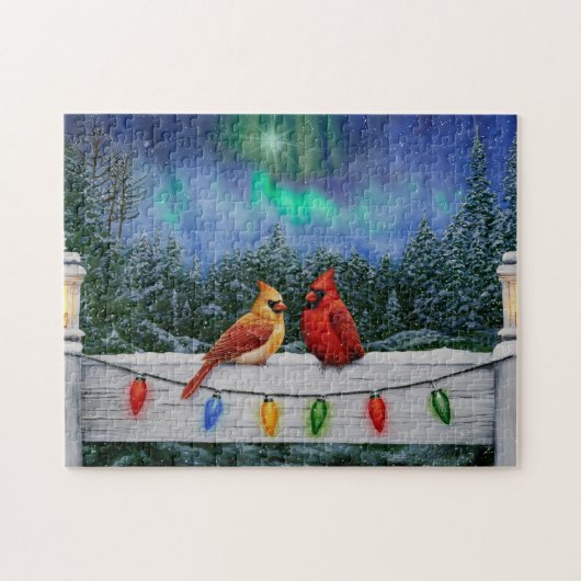 Kardinal und Weihnachtslicht Winterschnee Puzzle (Horizontal)