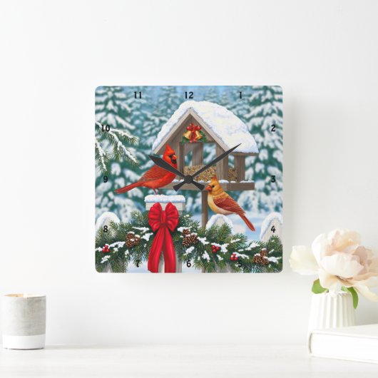 Kardinal und Weihnachtsvogel Quadratische Wanduhr (Zuhause)