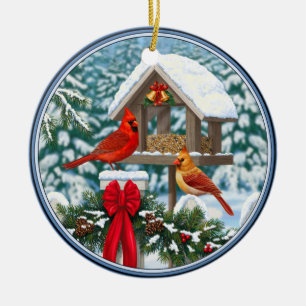 Kardinal und Weihnachtsvogelzuführung Keramikornament