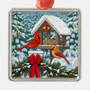 Kardinal und Weihnachtsvogelzuführung Silbernes Ornament