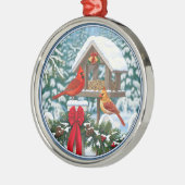 Kardinal und Weihnachtsvogelzuführung Silbernes Ornament (Links)