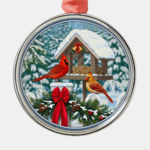 Kardinal und Weihnachtsvogelzuführung Silbernes Ornament