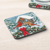 Kardinal und Weihnachtsvogelzuführung Untersetzer (Linke Seite)