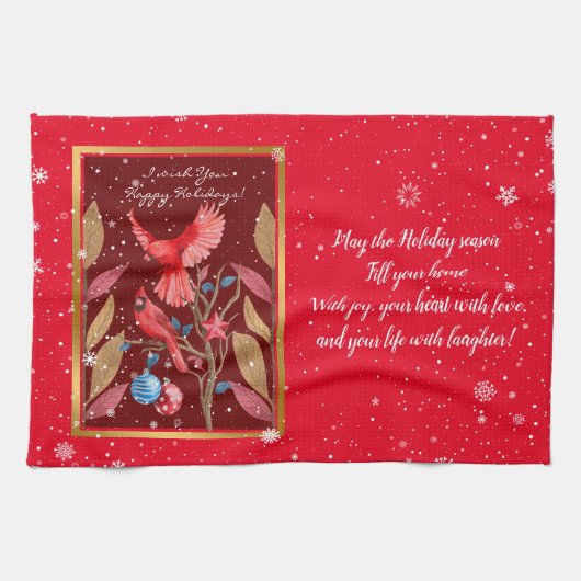 Kardinal Vögel auf dem Weihnachtsbaum anpassen Geschirrtuch (Horizontal)