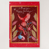 Kardinal Vögel auf dem Weihnachtsbaum anpassen Puzzle (Vertikal)