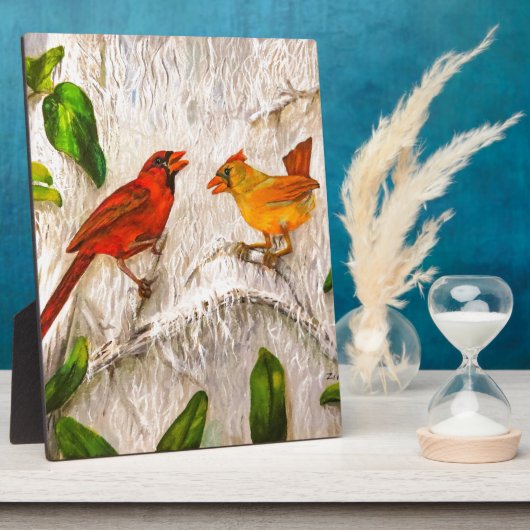 Kardinal-Vögel in Plaque Painted Fotoplatte (Seite)