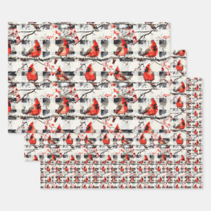 Kardinal Vögel Winter Weihnachten Tartan Kariert 1 Geschenkpapier Set