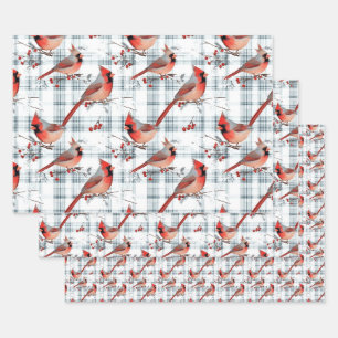 Kardinal Vögel Winter Weihnachten Tartan Kariert 3 Geschenkpapier Set