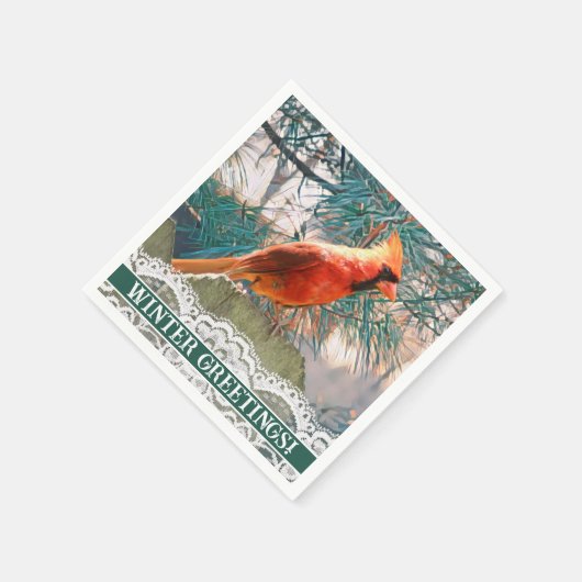 Kardinal vor dem Kiefernwald Winter Serviette (Ecke)