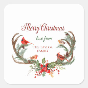 Kardinal Wasserfarbe Antler Rentier Weihnachten Quadratischer Aufkleber