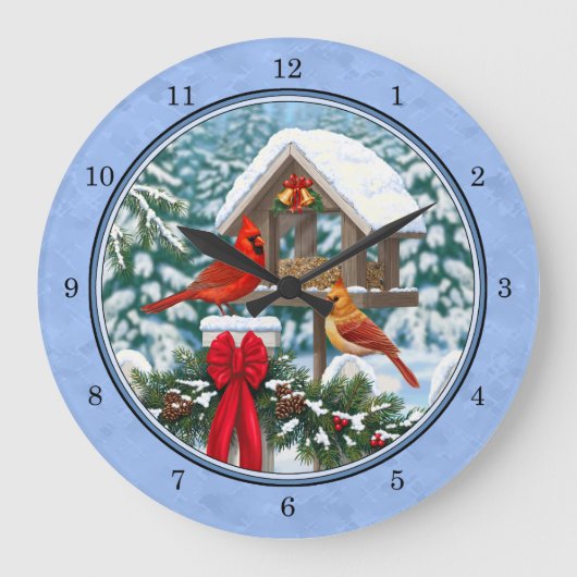 Kardinal Weihnachtsfest Blau Große Wanduhr (Vorderseite)