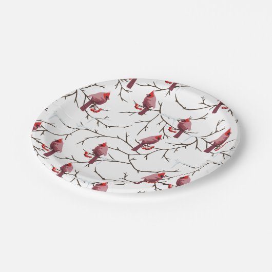 Kardinal-, Winter- und Schneemuster Pappteller (Schrägansicht)