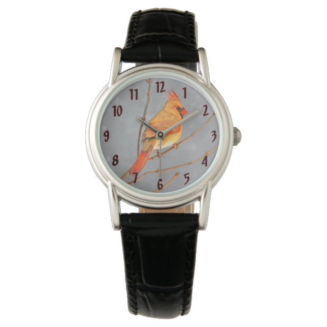 Kardinal zur Zweigmalerei - Originale Vogelkunst Armbanduhr (Vorderseite)