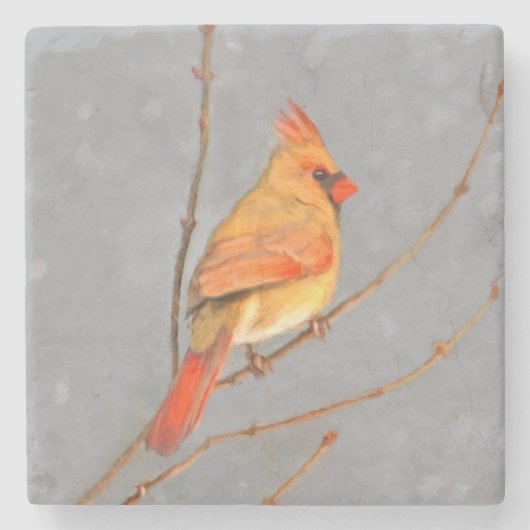 Kardinal zur Zweigmalerei - Originale Vogelkunst Steinuntersetzer (Vorderseite)