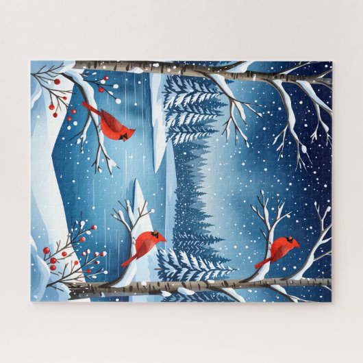 Kardinäle am Snowy Lake Winterlandschaft Puzzle (Horizontal)